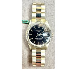 Rolex Oyster Perpetual Date 14kt Yellow Gold Stardust Black Dial Full Set 15037