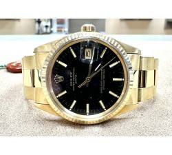 Rolex Oyster Perpetual Date 14kt Yellow Gold Stardust Black Dial Full Set 15037