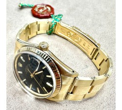 Rolex Oyster Perpetual Date 14kt Yellow Gold Stardust Black Dial Full Set 15037