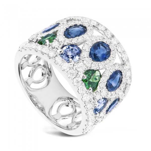 Anello Piero Milano Cocktail in Oro Bianco 18Kt con Diamanti, Zaffiri e Tsavoriti – Ref, R5100AB2BU