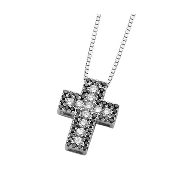 Pendente a croce con diamanti neri e bianchi in oro bianco 18Kt  DFPF7931,030 DonnaOro Jewels