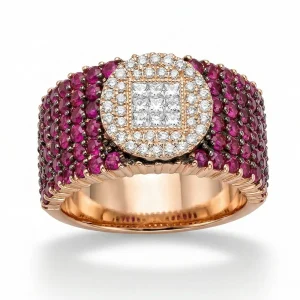 Anello oro rosa 18Kt bottone diamanti e pavè rubini - DIENNECI GIOIELLI