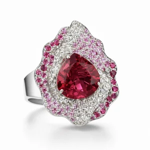 Anello in Oro Bianco con Rubellite a Goccia, Diamanti e Zaffiri Rosa - DIENNECI GIOIELLI