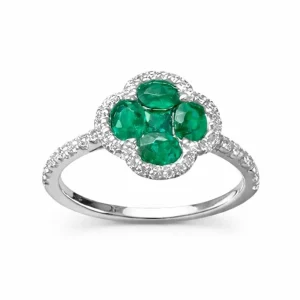 Anello a Fiore in Oro Bianco 18 kt con Smeraldi ct 0,74 e Diamanti ct 0,26 - DIENNECI GIOIELLI