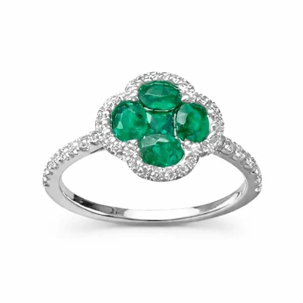 Anello a Fiore in Oro Bianco 18 kt con Smeraldi ct 0,74 e Diamanti ct 0,26 – DIENNECI GIOIELLI