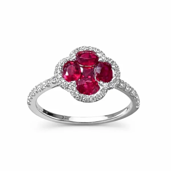 Anello a Fiore in Oro Bianco 18 kt con Rubini ct 1,06 e Diamanti ct 0,25 – DIENNECI GIOIELLI