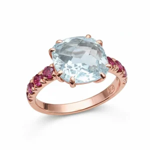 Anello Topazio Azzurro Taglio Cuscino 10x10 e Rubini 0,65 ct in Oro Rosa 18 kt - DIENNECI GIOIELLI