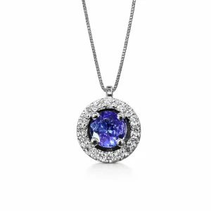 Girocollo pendente tanzanite 0,60 ct con ghiera di diamanti 0,16 ct in oro bianco 18kt - DIENNECI GIOIELLI