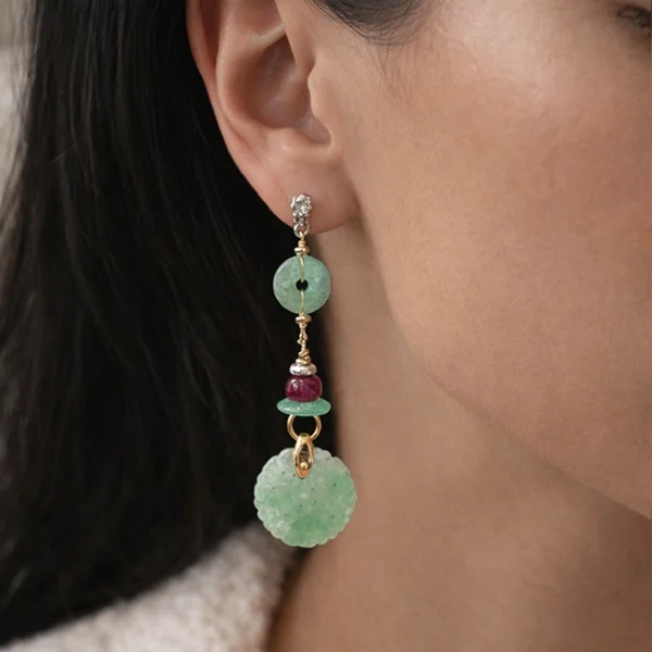 Orecchini pendenti in Oro Rosa e Bianco 18kt con Giada Imperiale, Rubini e Diamanti ct 0,06 – DIENNECI GIOIELLI