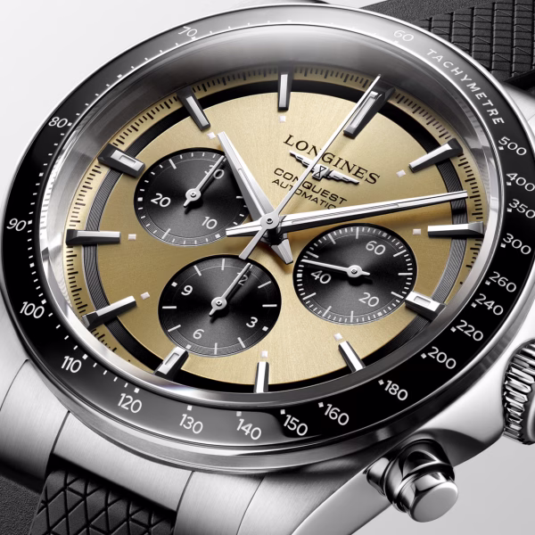 Longines Conquest Chronograph L3.835.4.32.9 Automatico 42 mm Dorato Caucciù Nero