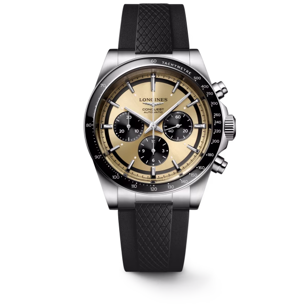 Longines Conquest Chronograph L3.835.4.32.9 Automatico 42 mm Dorato Caucciù Nero